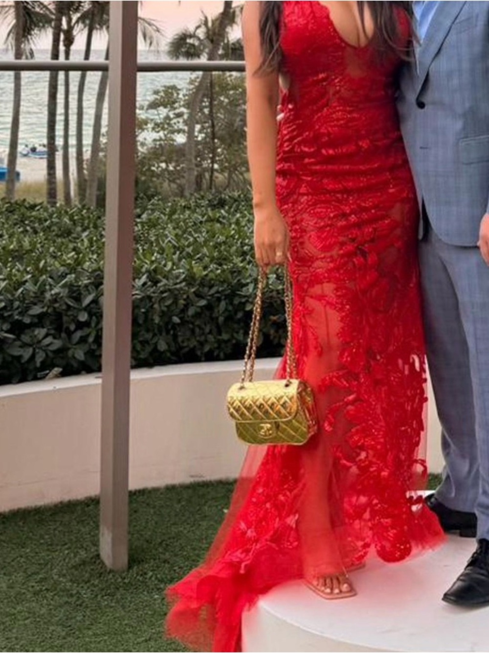 Jovani Red Lace Embroidered Prom Gown
